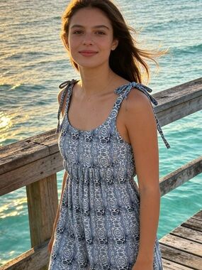 Fresh Produce Womens Sleeveless Navy Patterned Maxi Dress size L